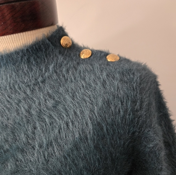 BANANA REPUBLIC Dark Teal Fuzzy Sweater with Gold Button Shoulder Detail.Size XS - Picture 3 of 9